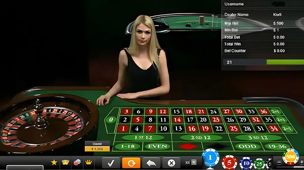 Live roulette game interface with a blonde dealer behind a green table, a roulette wheel on the left, and on-screen betting grid, chips, and player stats panels.
